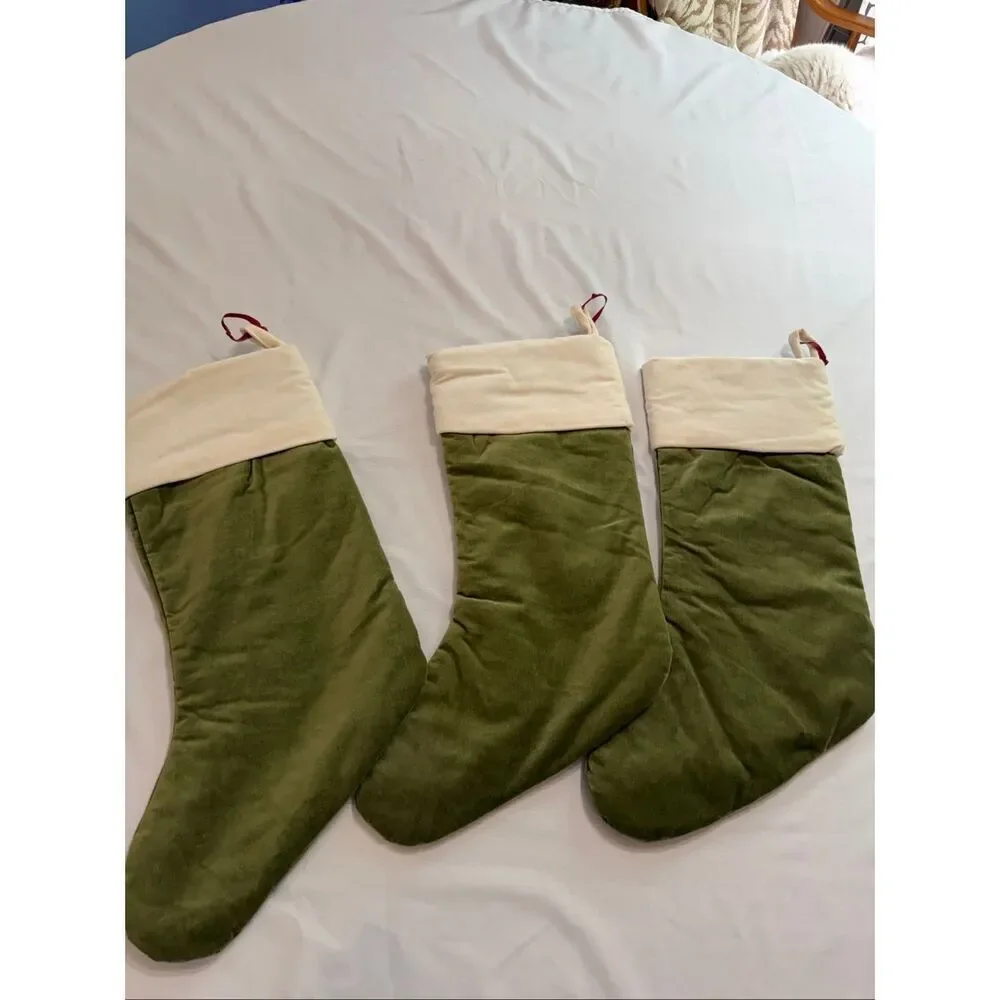 Pottery Barn Classic Med Green Ivory Velvet Christmas Stocking Mono Pick One